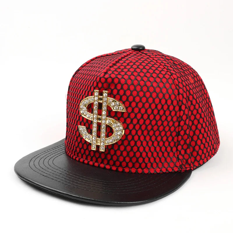 Red and black mesh snapback crown baseball cap with gold rhinestone royal king crown emblem for men and women