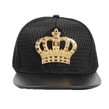 Black snapback cap with textured fabric crown emblem adorned with gold and rhinestones in royal king crown design