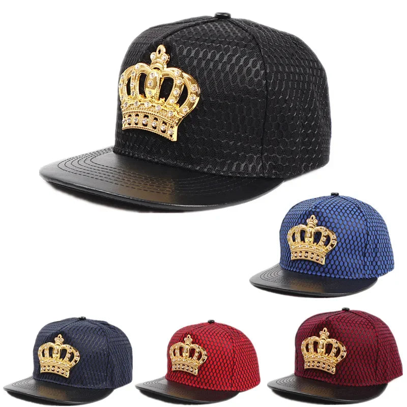 Black oohmy Street cap with textured scale fabric and shiny gold rhinestone royal king crown emblem front logo