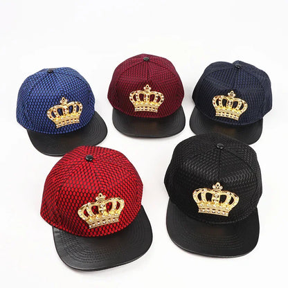 Five snapback hats in blue maroon navy red and black with textured mesh and gold royal king crown emblem front