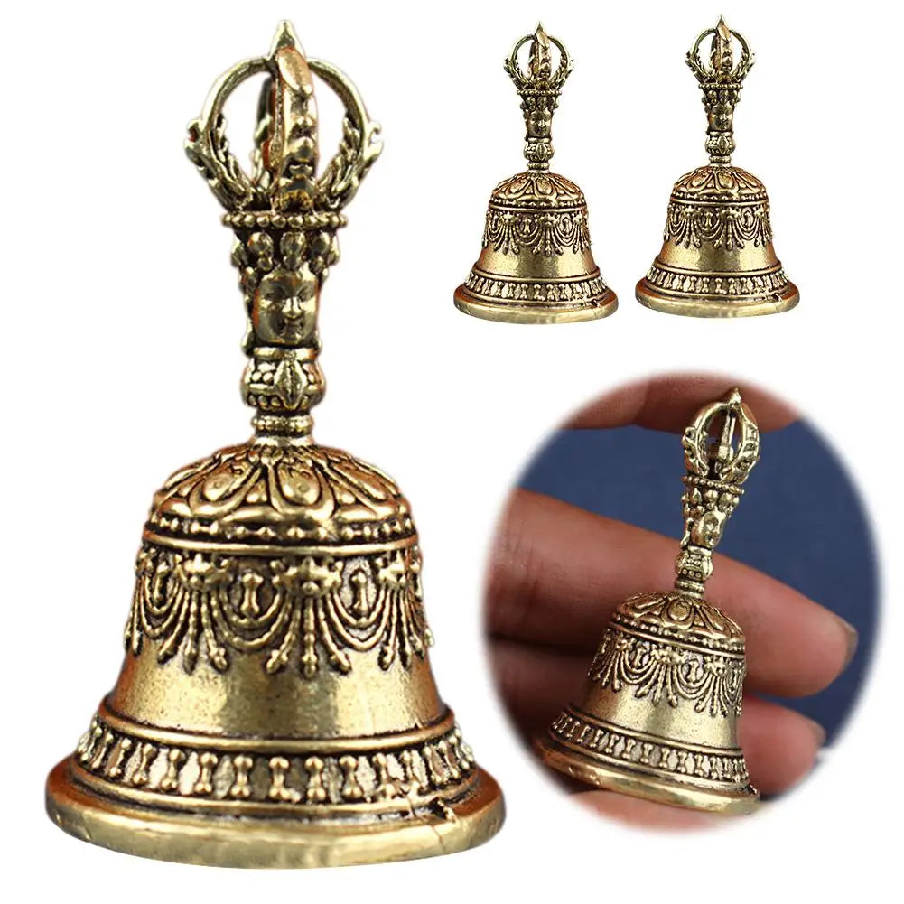 Brass tibetan bell with intricate engravings and detailed face handle in pestle set buddhist sound healing instruments
