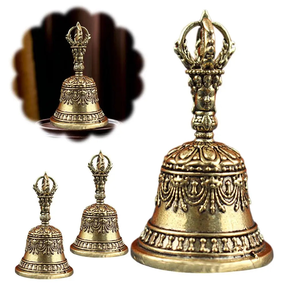 Golden brass tibetan bell with intricate engravings and ornate face handle in pestle set buddhist sound healing instruments