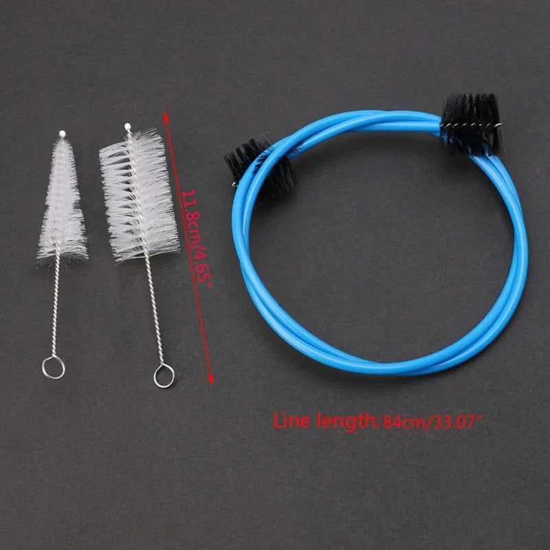Blue flexible horn cleaning brush with black bristles and silver wire handles for brasswind musical instrument tuba horn cleaning