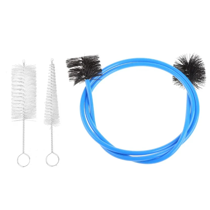 Blue flexible tube with black bristle ends and two silver wire-handled horn cleaning brushes for brasswind musical instrument tuba horn cleaning