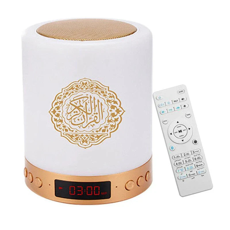 White cylindrical bright quran azan koran bluetooth speaker with gold arabic calligraphy and digital clock portable night light