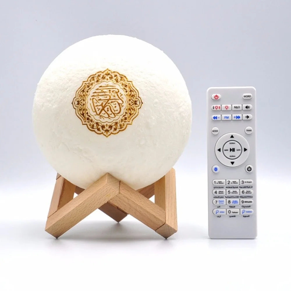 White moon-shaped bright quran azan lamp with gold arabic calligraphy on wooden stand koran bluetooth speaker portable night light