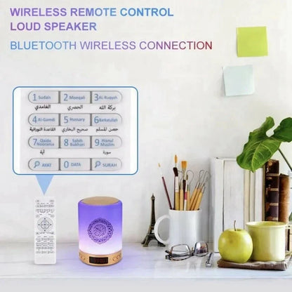 Purple cylindrical bright quran azan koran bluetooth speaker with wooden top and base portable night light