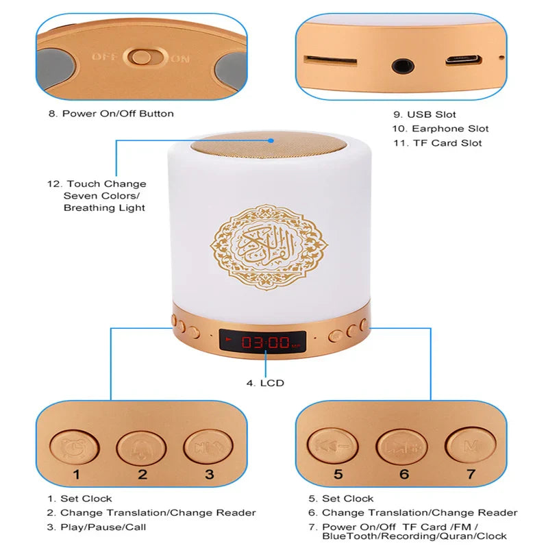 White cylindrical bright quran azan koran bluetooth speaker with gold accents digital lcd and portable night light