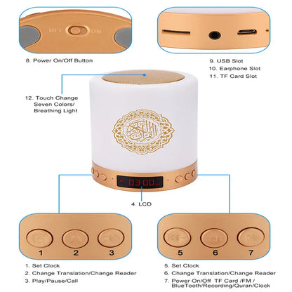 White cylindrical koran bluetooth speaker with gold accents ornate arabic calligraphy and digital lcd display portable night light