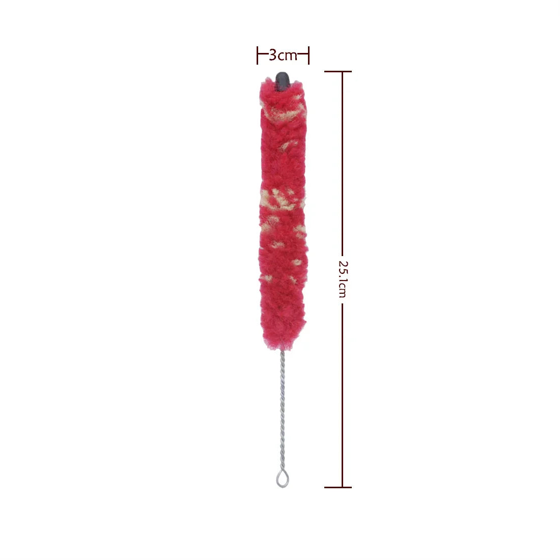 Red fuzzy brush saxophone clarinet cleaning tool with metal handle and loop for alto sax flute piccolo maintenance