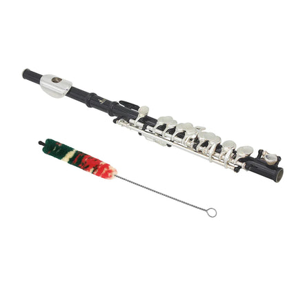 Black and silver clarinet flute piccolo with a decorative red green cream brush saxophone clarinet cleaning tool attached