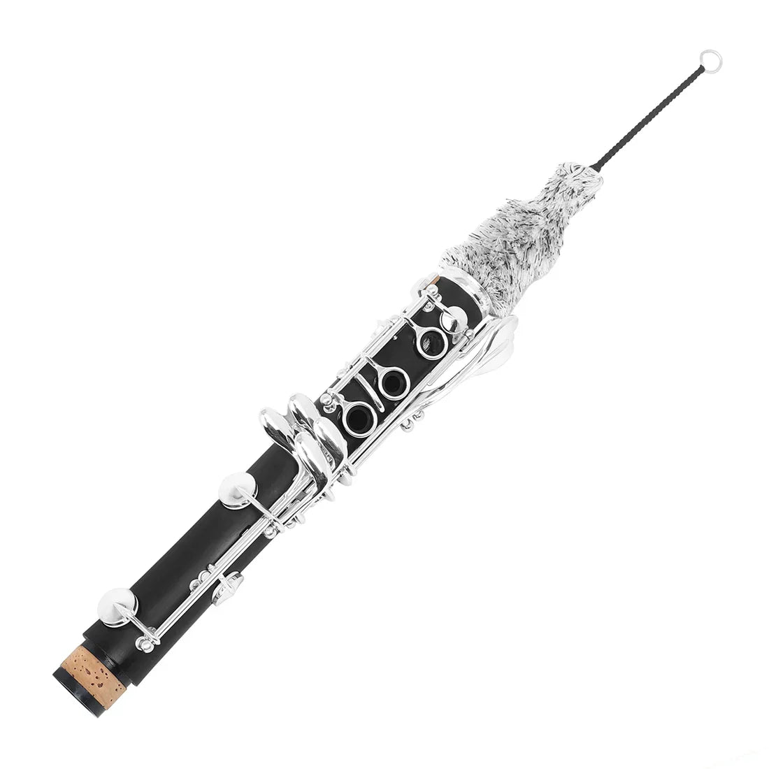 Black clarinet cleaning brush with silver keys and a fuzzy gray cat-shaped end cap for brush saxophone clarinet use