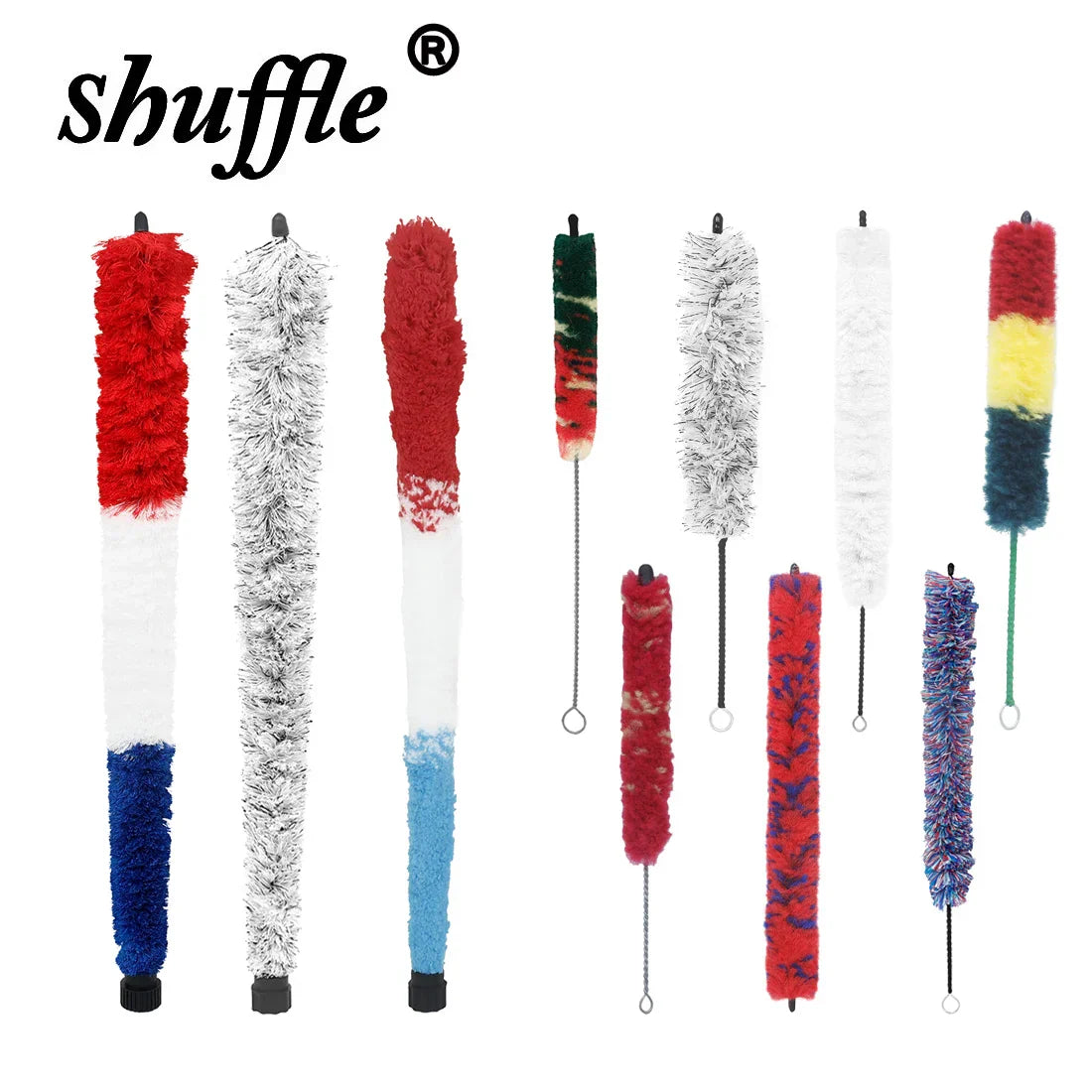 A set of colorful fuzzy-bristled brush saxophone clarinet flute piccolo cleaning brushes with assorted patterns and lengths