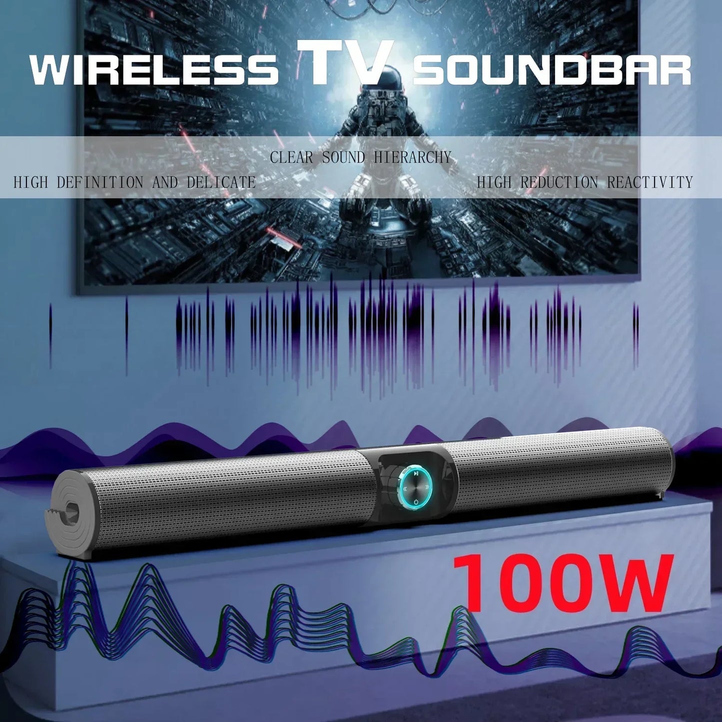Silver textured wireless tv soundbar with glowing blue control panel 100w wireless computer bluetooth speakers outdoor use