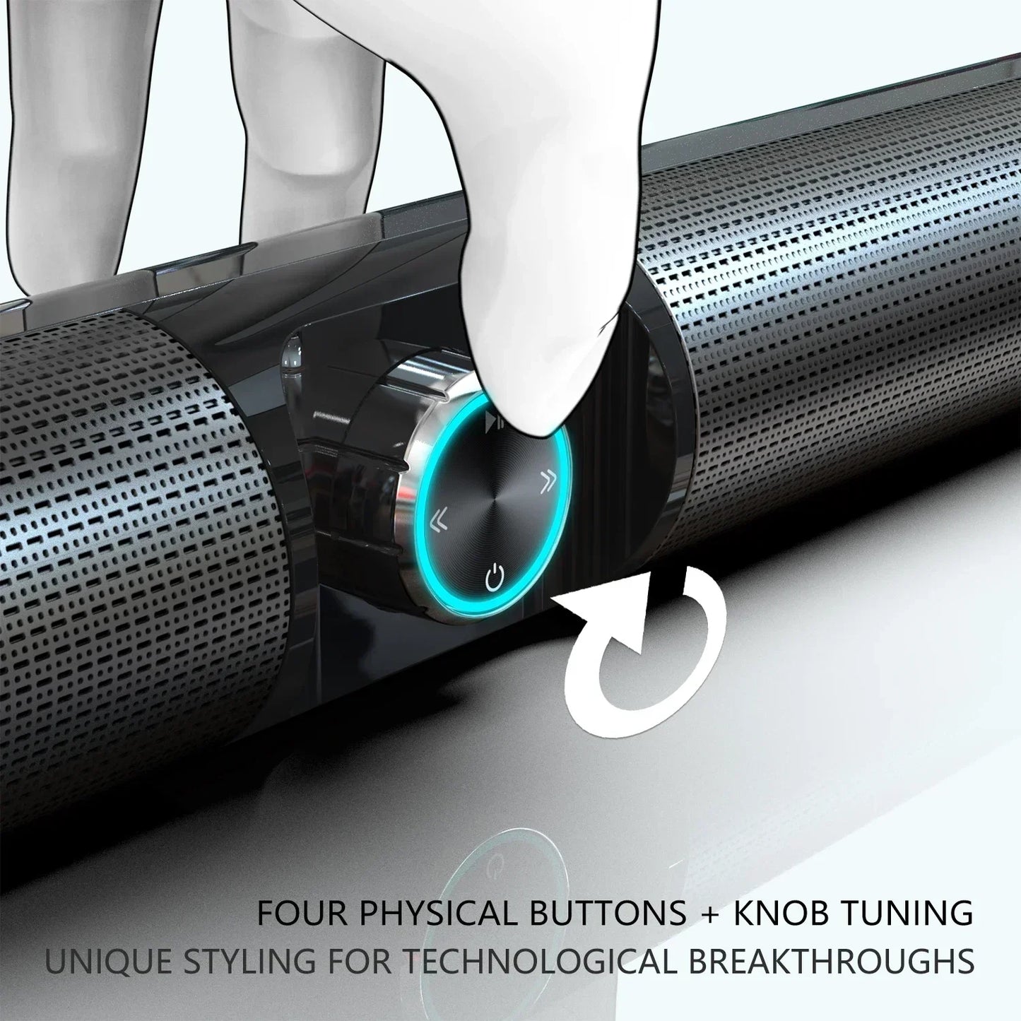 Black cylindrical 100w wireless computer bluetooth speakers outdoor portable hometheater surround soundbar with blue control knob