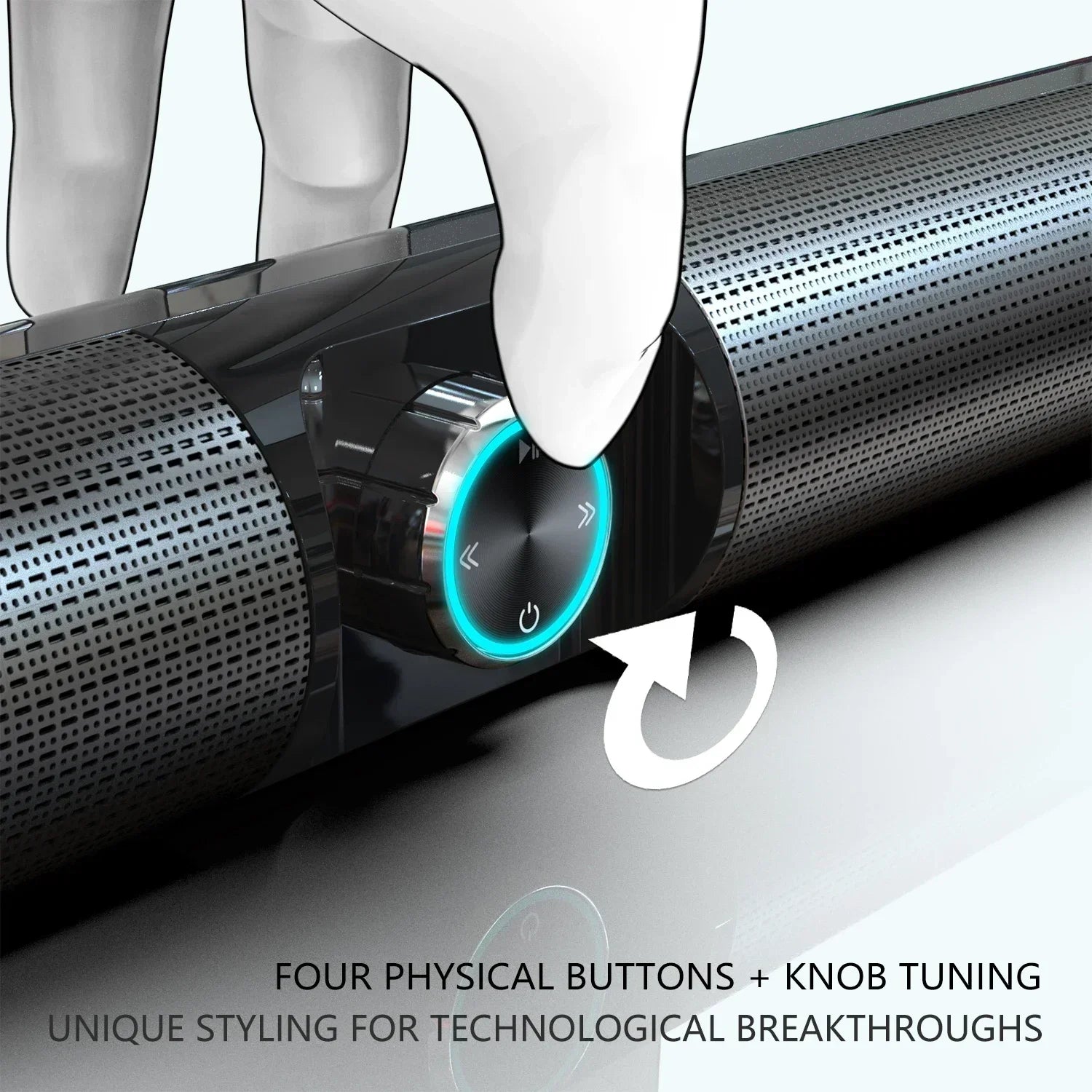 Black cylindrical 100w wireless computer bluetooth speakers outdoor portable hometheater surround soundbar with blue control knob