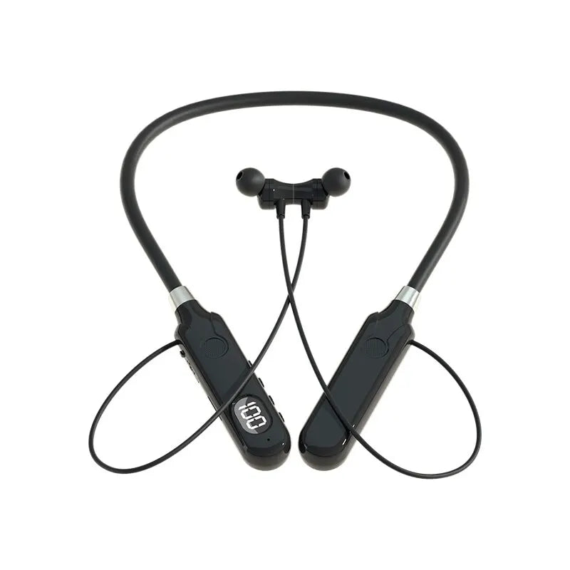 Black wireless bluetooth earphones neckband with sleek curved design digital display and button control earbuds for outdoor sports headset