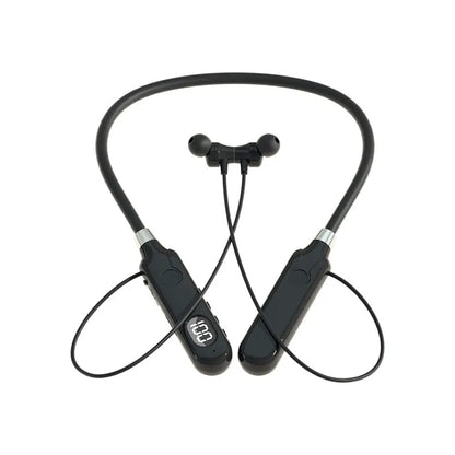 Black wireless bluetooth earphones neckband with sleek curved design digital display and button control earbuds for outdoor sports headset