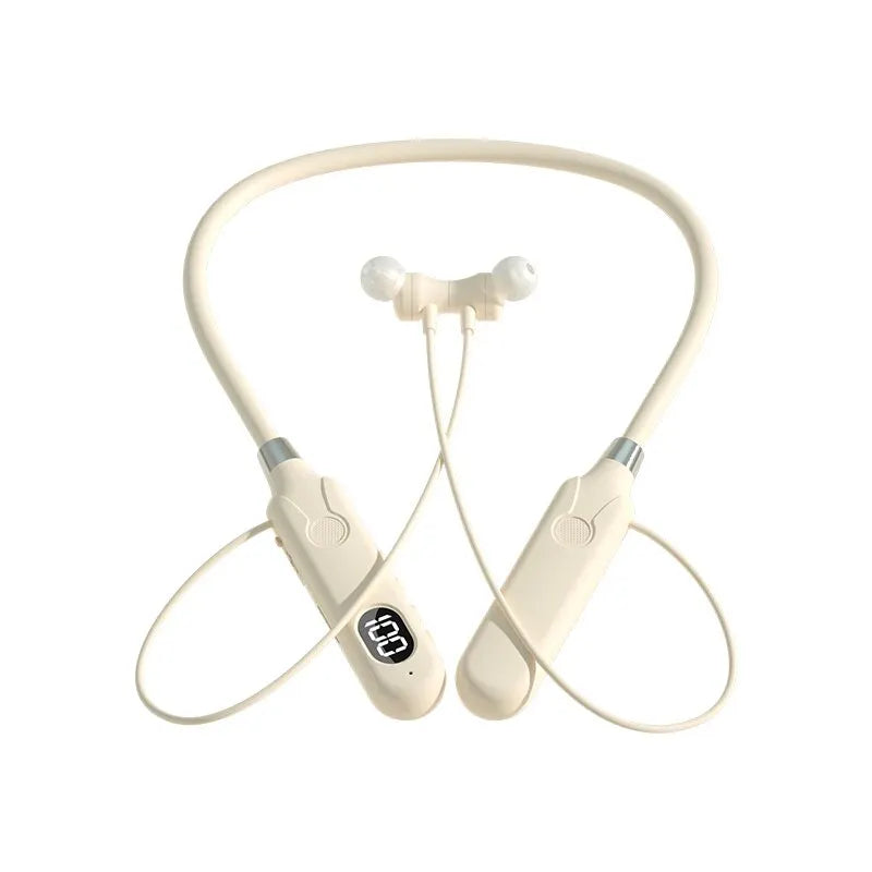 Cream-colored wireless bluetooth earphones with neckband, button control earbuds and digital display for outdoor sports headset