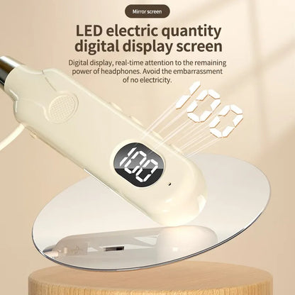 Cream-colored wireless bluetooth earphones charger with digital led display showing 100 percent battery level for outdoor sports headset with button control earbuds