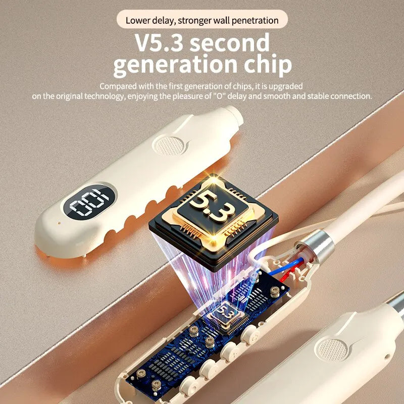 Cream-colored digital hair straightener with v5.3 chip gold accents and illuminated display for wireless bluetooth earphones