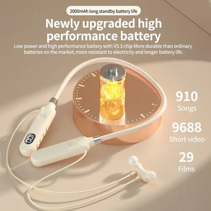 Cream-colored wireless bluetooth earphones neckband with sleek ergonomic design and button control earbuds for outdoor sports headset