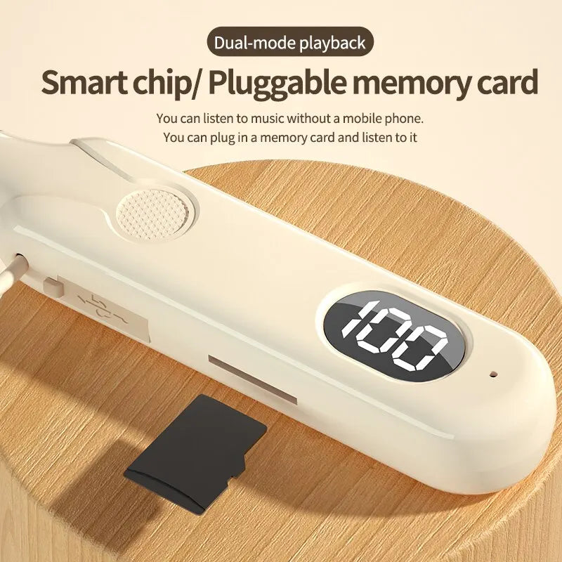 Cream-colored sleek portable music player with digital display and memory card slot for wireless bluetooth earphones outdoor sports headset