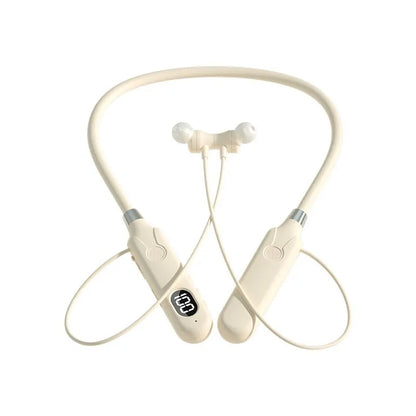 Cream-colored wireless bluetooth earphones neckband with sleek design digital display and button control earbuds for outdoor sports headset