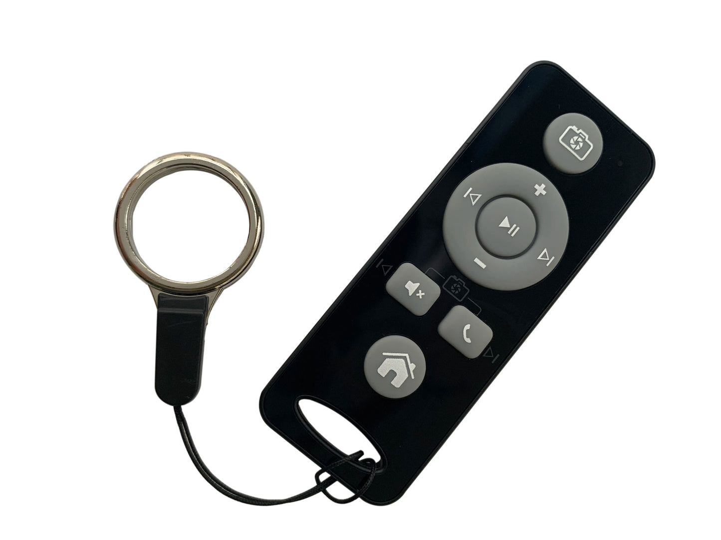 Black multimedia music player remote with gray buttons and silver key ring for iphone ipad android use