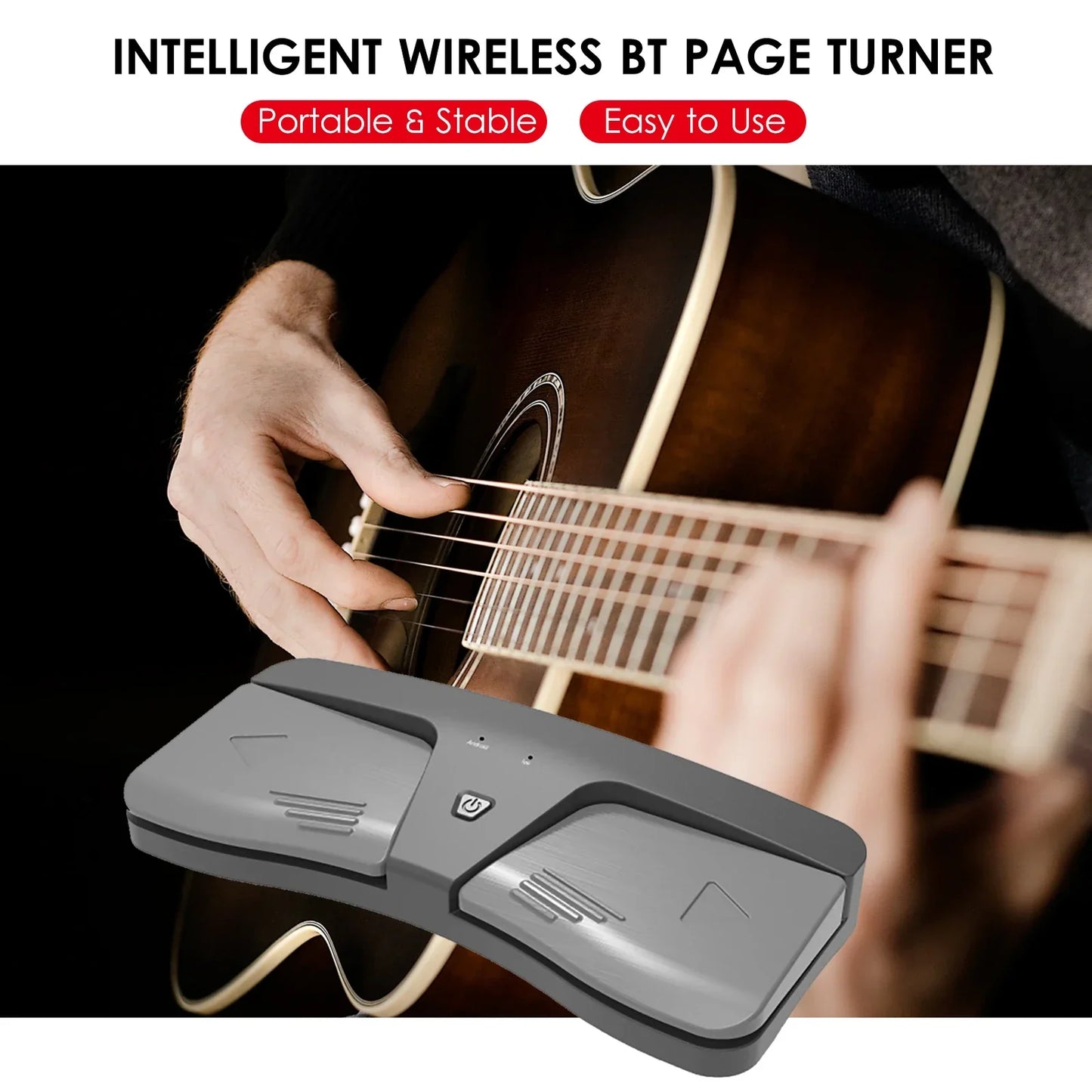 Gray intelligent wireless bt page turner with sleek ergonomic design and two foot pedal sections for easy sheet flipping use