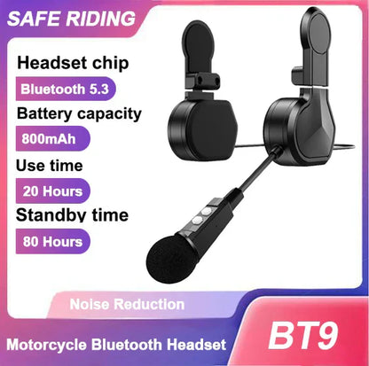 Black bt9 motorcycle bluetooth headset with clip holder 800mah waterproof voice control and clip-on earpieces