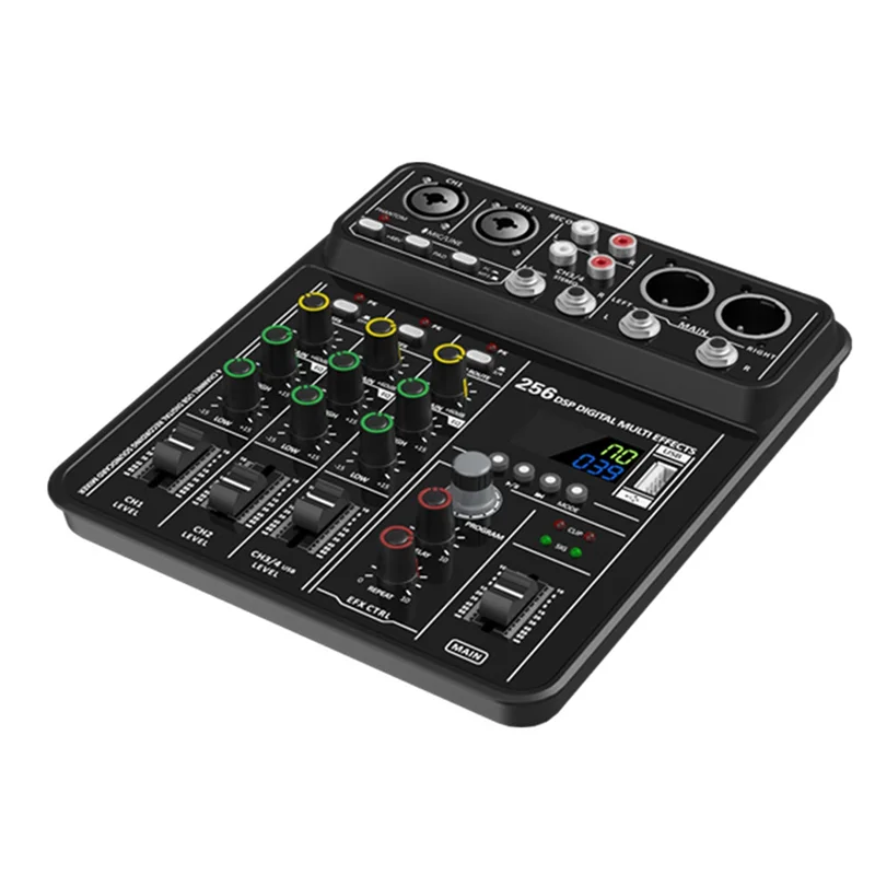 Black 256 dsp digital multi-effects audio mixer with colorful knobs and illuminated display featuring 48v phantom power