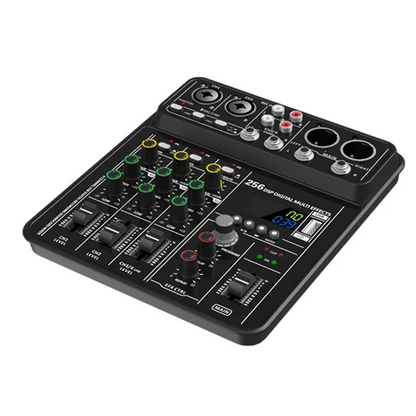 Black 256 dsp digital multi-effects audio mixer with colorful knobs and illuminated display featuring 48v phantom power
