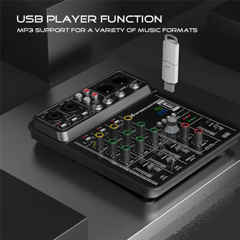 Black usb audio mixer with colorful rotary knobs and digital display featuring 48v phantom power for music playback