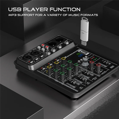 Black usb audio mixer with colorful rotary knobs and digital display featuring 48v phantom power for music playback