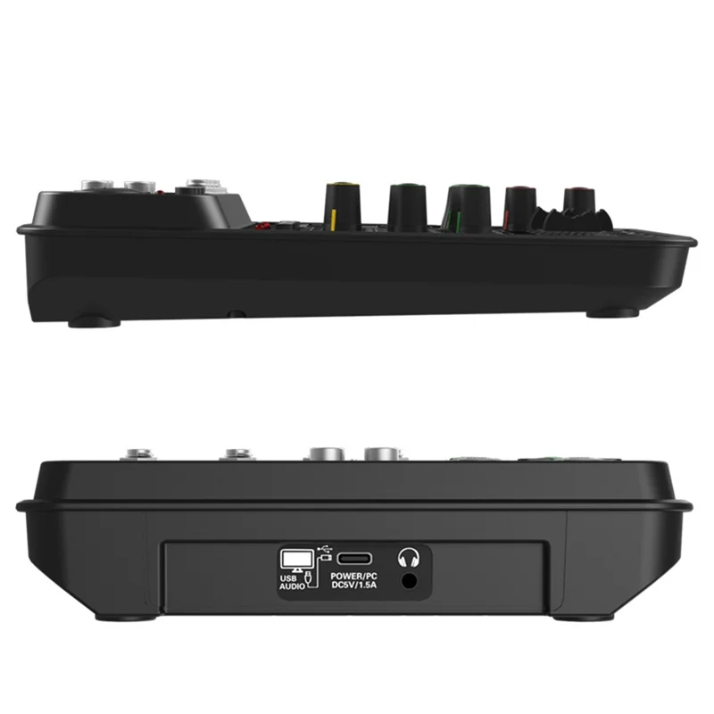 Black compact btlife 4 channel sound mixer with 48v phantom power usb and studio dj console ports and knobs
