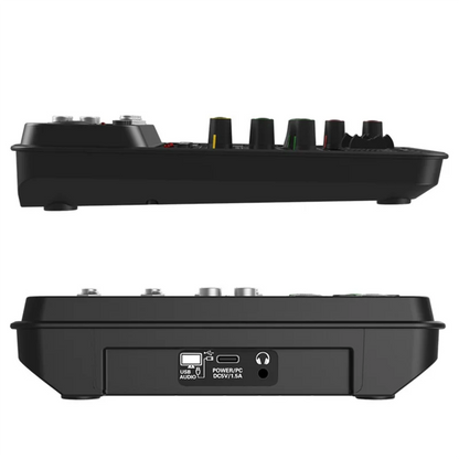 Black BTLIFE 4 channel audio mixer with 48v phantom power, multiple knobs, USB, power, and headphone ports