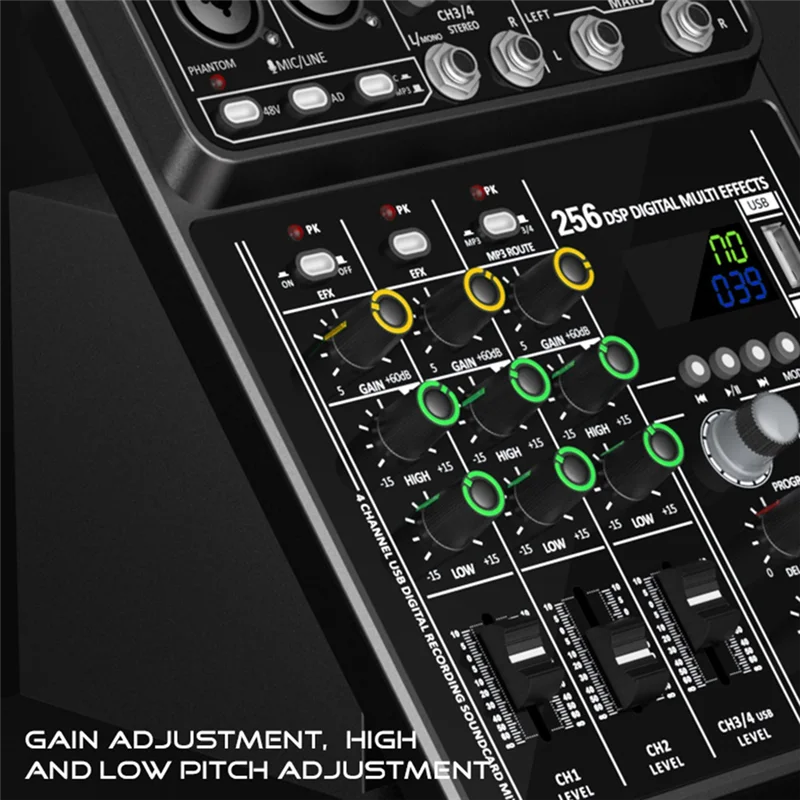 Black 4-channel usb audio mixer with 48v phantom power and green yellow knobs for studio dj karaoke use