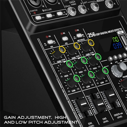 Black 4-channel usb audio mixer with 48v phantom power and green yellow knobs for studio dj karaoke use