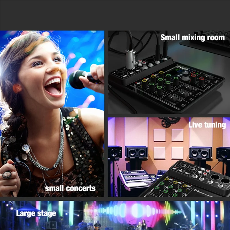 Black btlife 4 channel audio mixer with green and red knobs silver input jacks and 48v phantom power for live sound