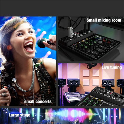 Black btlife 4 channel audio mixer with green and red knobs silver input jacks and 48v phantom power for live sound