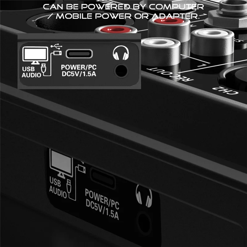 Black audio interface back side with usb-audio and power input ports for btlife studio dj console with 48v phantom power