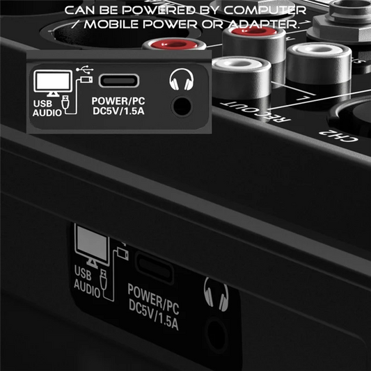 Black audio interface back side with usb-audio and power input ports for btlife studio dj console with 48v phantom power