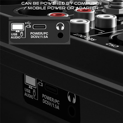 Black audio mixer back side with usb-audio and power input ports featuring 48v phantom power for studio dj use