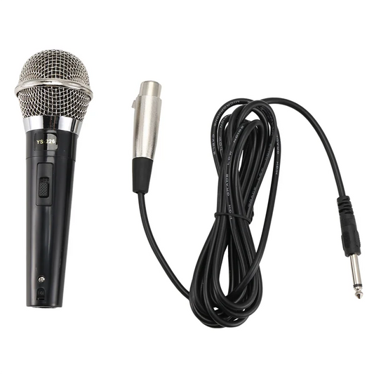 Black handheld dynamic wired microphone ys-226 with silver mesh grille and chrome accents for karaoke vocal music performance clear sound