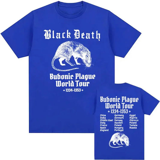 Royal blue vintage oversized cotton t-shirt with funny meme gothic bubonic world tour rat graphic and country list on back