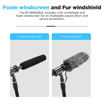 The by-bm606l professional shotgun microphone with black foam windscreen and gray fur windshield for clear audio recording