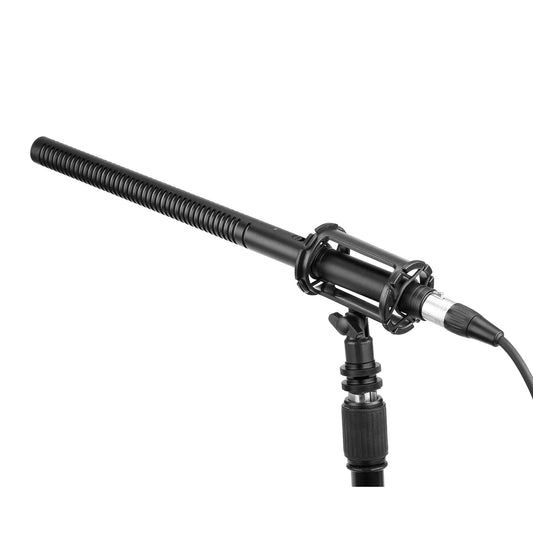 Black professional shotgun microphone with ribbed windscreen and metal bracket for microphone voice recorder use