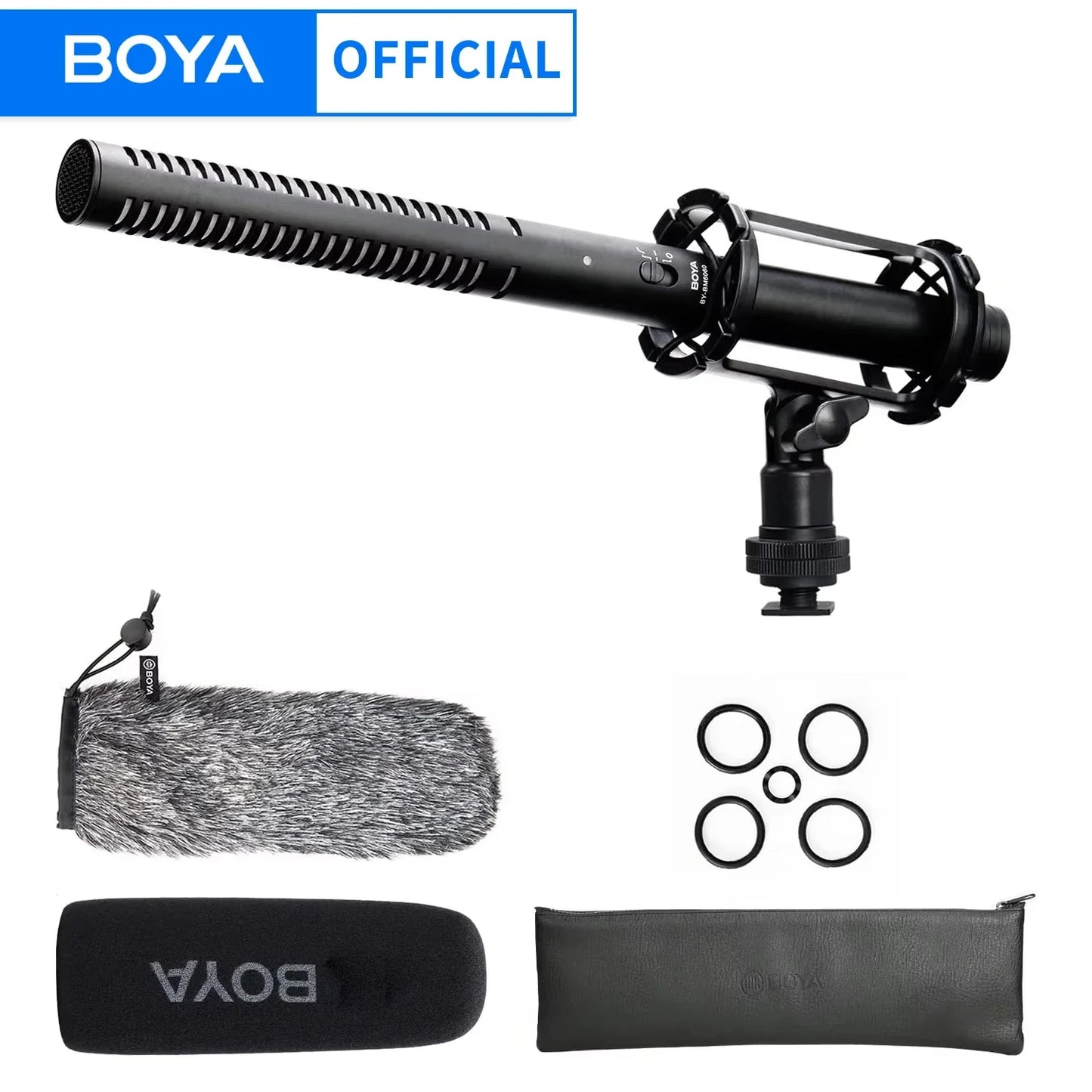 Black boya professional shotgun microphone with ribbed windscreen mounted on tripod with furry cover case and rings for recording