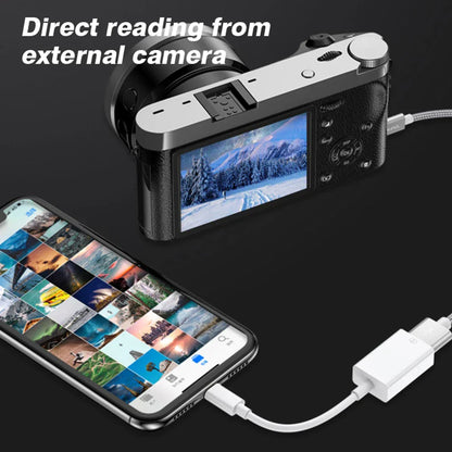 Silver and black mirrorless camera with textured grip connected to smartphone via byscoon otg adapter cable converter